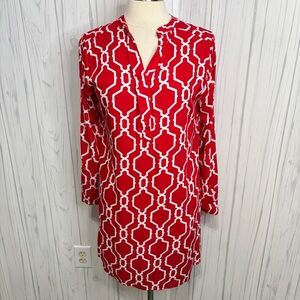 ESCAPADA Red & White Lattice Print Roll Tab Long-Sleeve Shift Dress, Medium